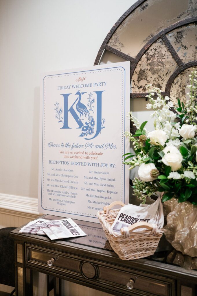 A wedding welcome sign with blue initials KJ and a crane illustration is displayed on a table beside white flowers, a basket of Peacock Press newspapers, and a stack of programs in a well-lit room.