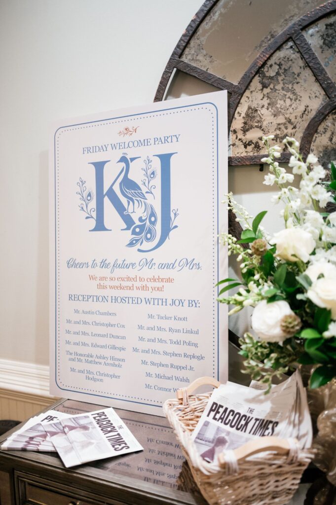 A large welcome sign with a blue peacock design announces a Friday welcome party for KJ, surrounded by flowers and newspapers titled The Peacock Times on a table.