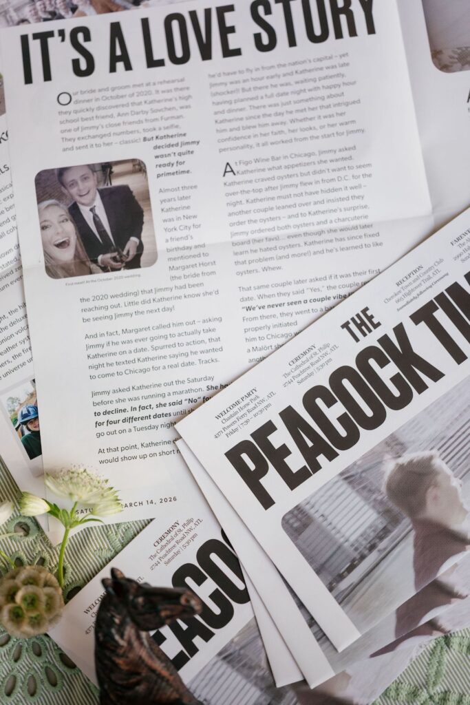 A close-up of newspapers and magazine pages on a table, including one titled THE PEACOCK TIMES and another with the headline ITS A LOVE STORY featuring a photo of a smiling couple.