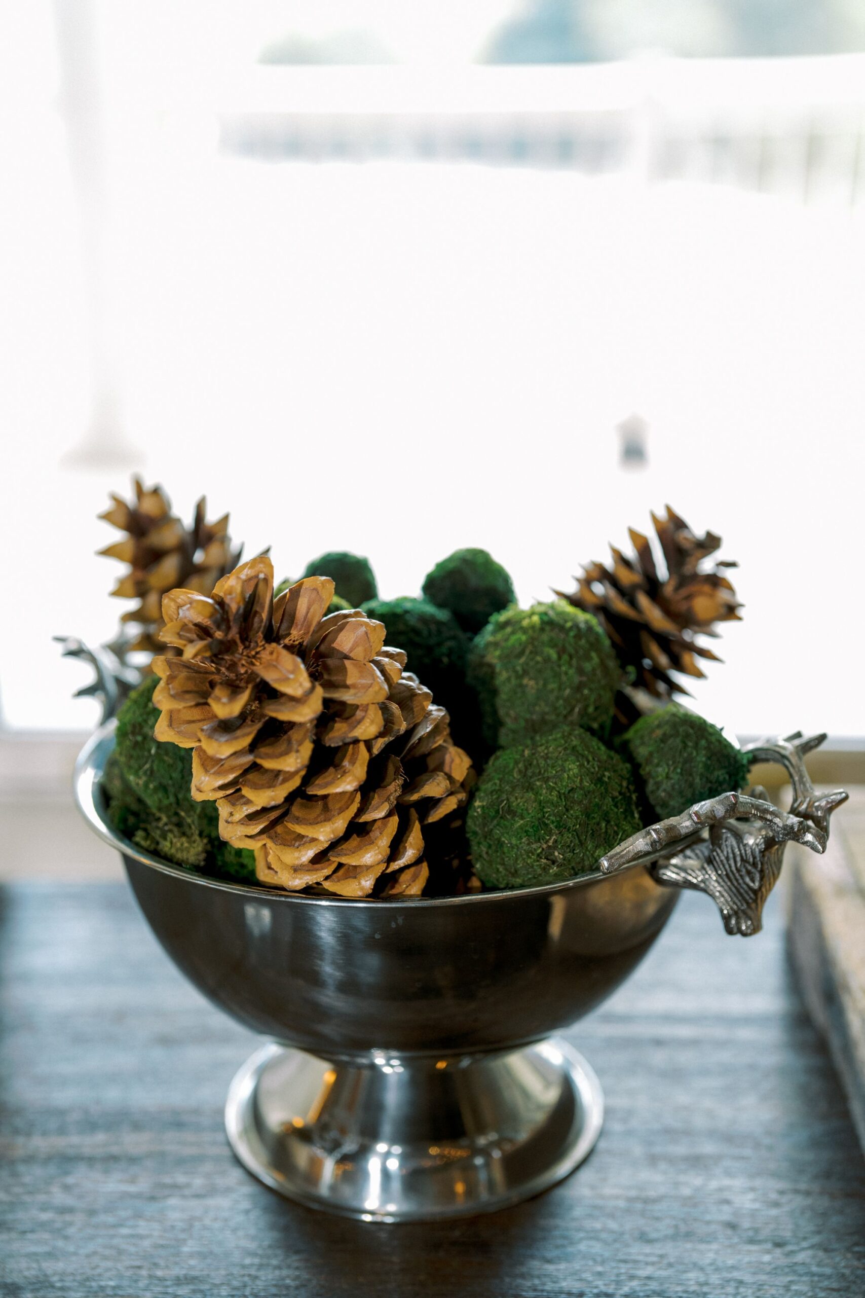 A silver bowl with decorative handles filled with pine cones and green moss balls sits on a wooden surface near a bright window.