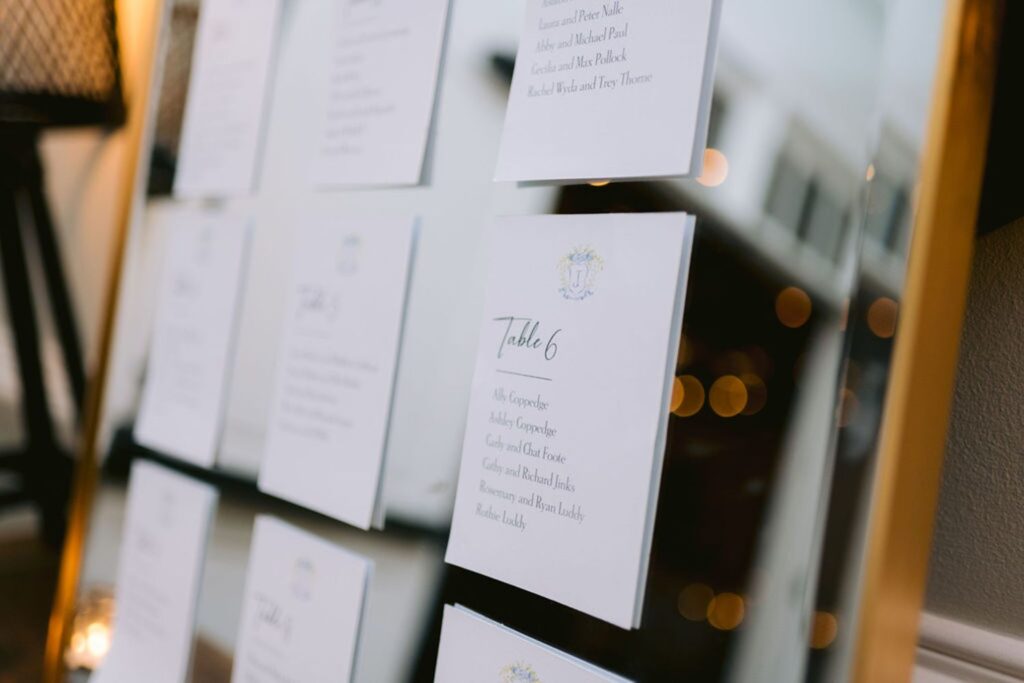 A close-up of a seating chart display, featuring white cards with printed lists of names, attached to a reflective board with blurred lights in the background.